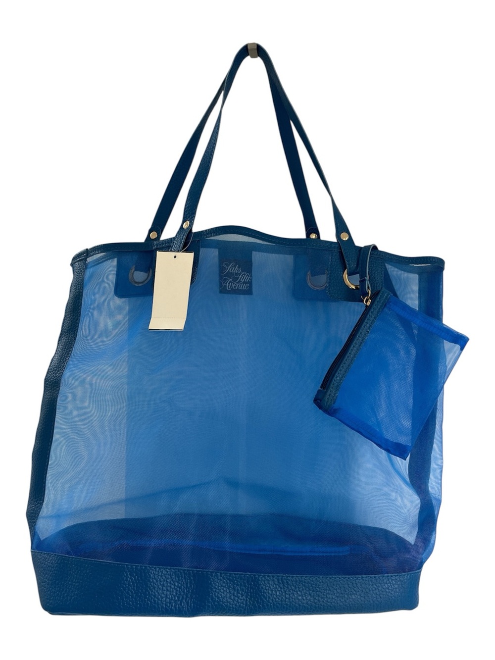 Saks Fifth Avenue Faux Leather Blue Mesh Tote Bag NWT